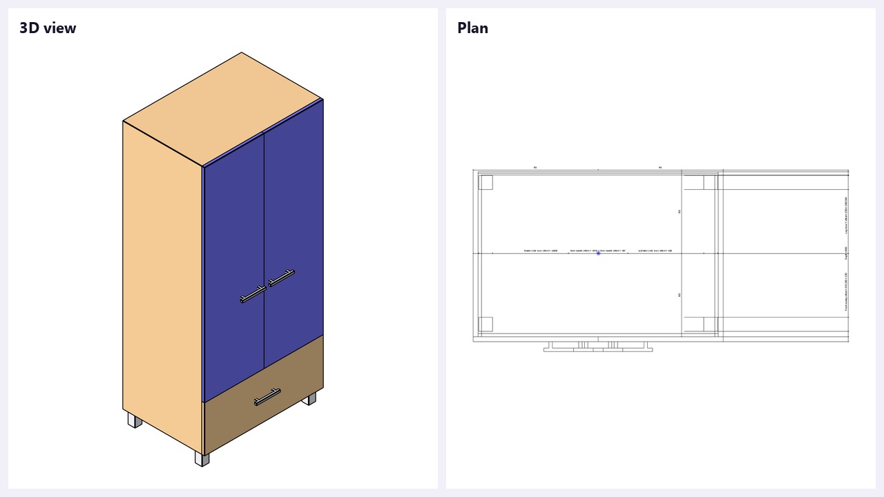 3D example: Closet 08 - full geometry, in 3D and in plan.