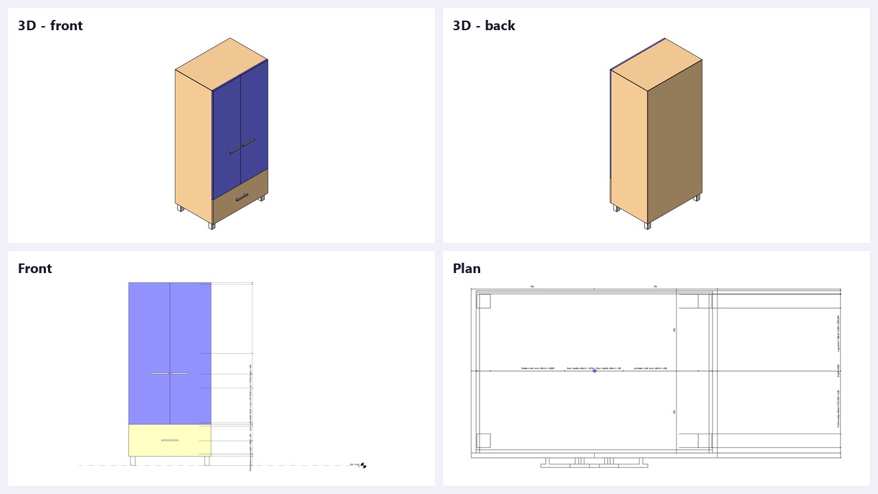 The four QC pictures Revit takes of the closet: two 3D views, the front and the plan